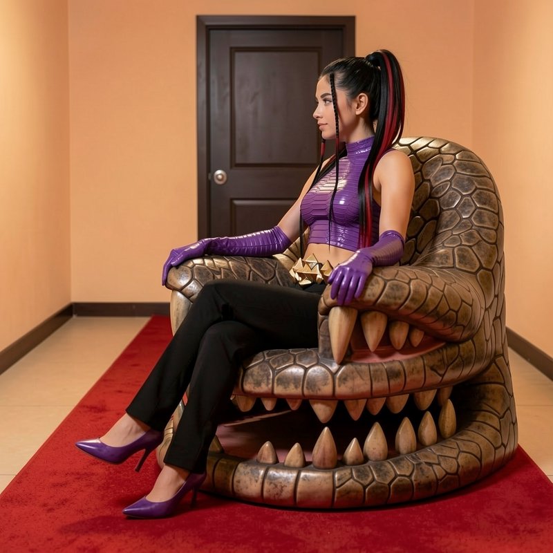 Woman in purple cosplay seated on a giant alligator-shaped armchair atop a red hallway carpet