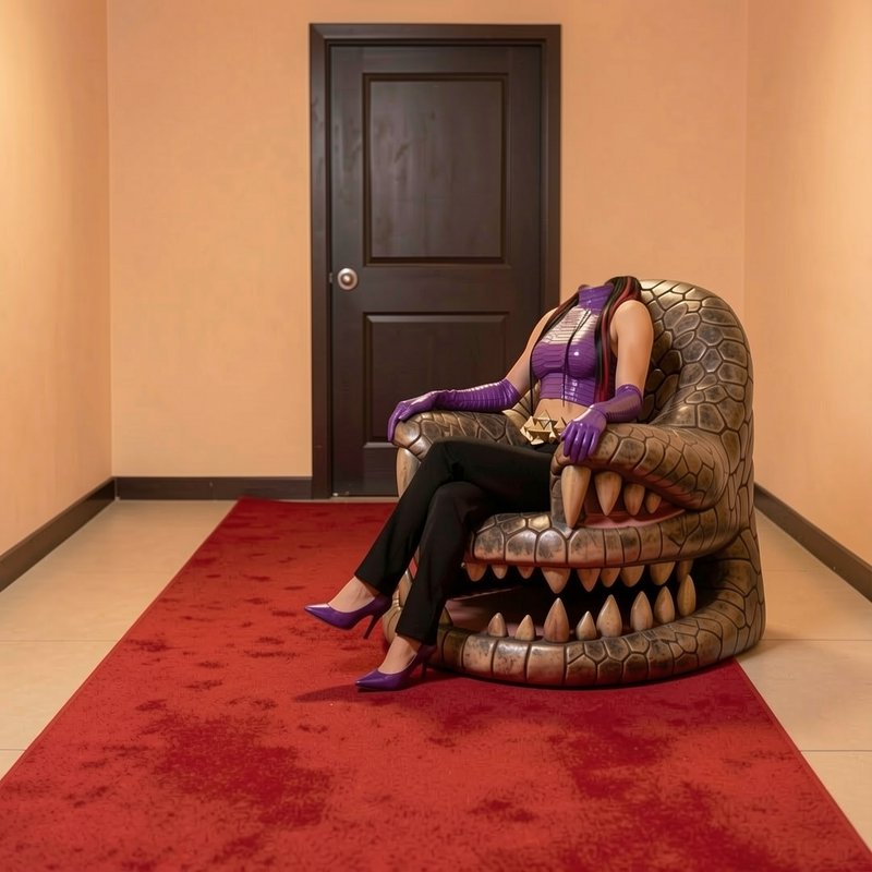 Headless figure in purple outfit seated on a crocodile shaped armchair in a carpeted hallway