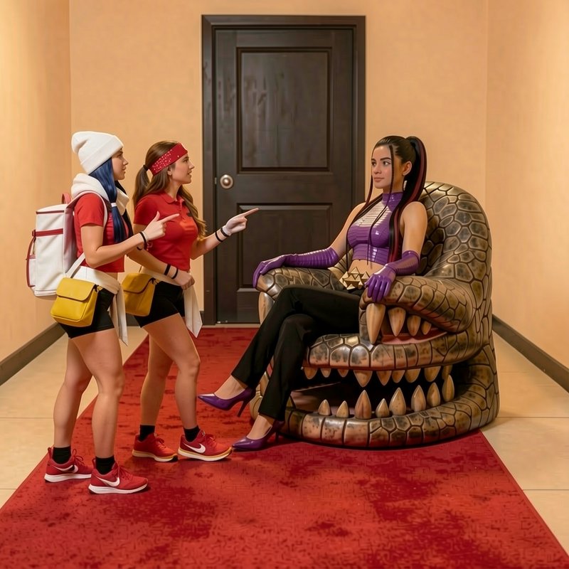 Two girls point toward a woman sitting in a giant alligator-shaped armchair in a carpeted hallway