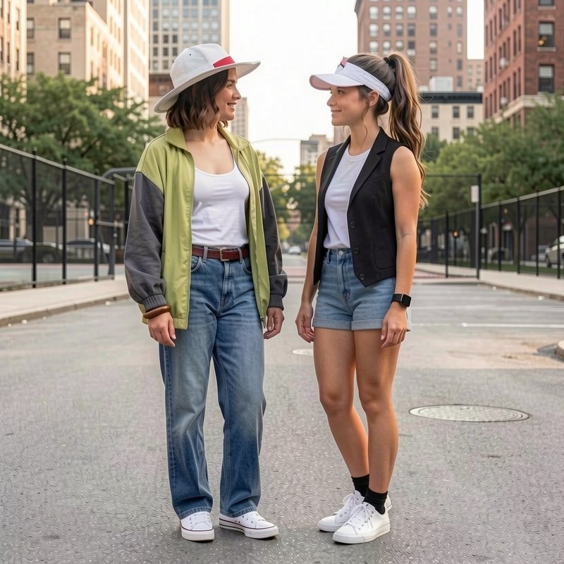 Two casually dressed young women smile at each other while standing on a downtown city street.