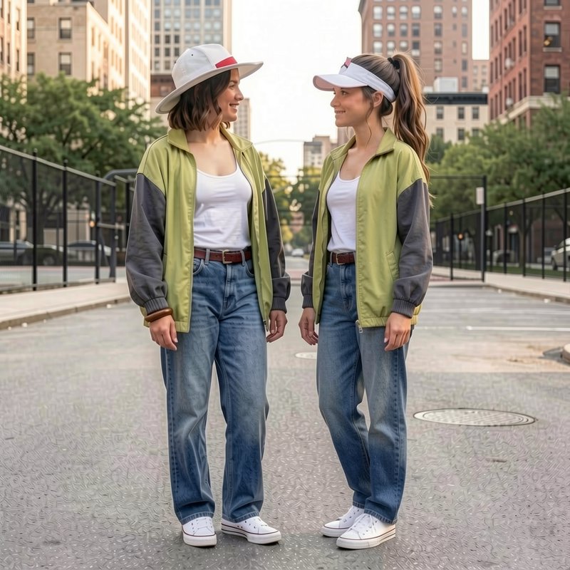 Two women in matching casual streetwear smile at each other while standing on a sunlit downtown c...
