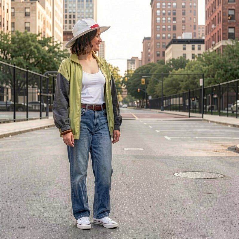 Smiling woman in casual streetwear and a wide brim hat stands in the middle of a quiet downtown c...