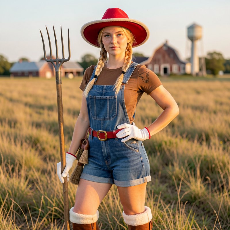 Blonde female farmer in a red wide brim hat holds a pitchfork standing in a sunlit rural field
