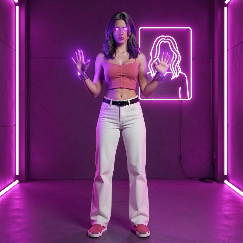 Woman with glowing purple eyes and raised glowing hands stands in a magenta neon lit room