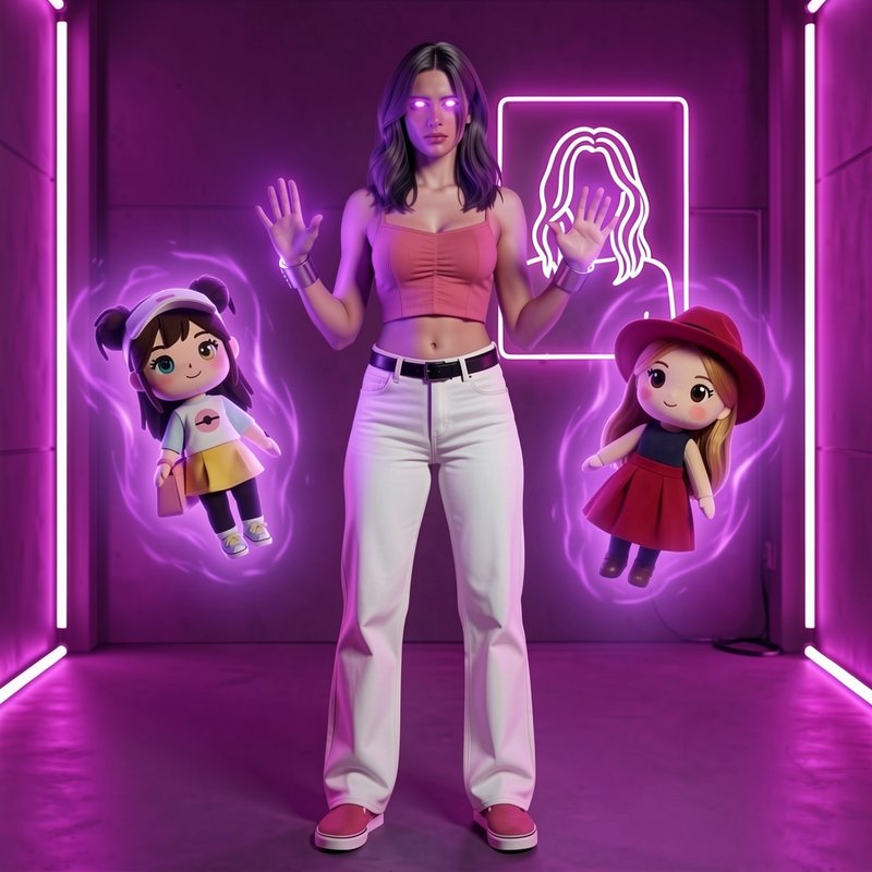 Woman with glowing purple eyes stands between floating chibi dolls in a neon purple lit room