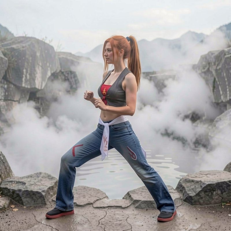 Red haired woman in a martial arts fighting stance stands beside a steaming misty geothermal hot ...