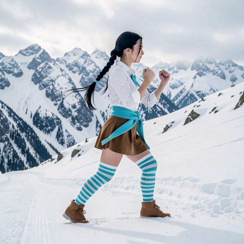 Woman in anime cosplay holds a fighting pose on a snowy mountain trail