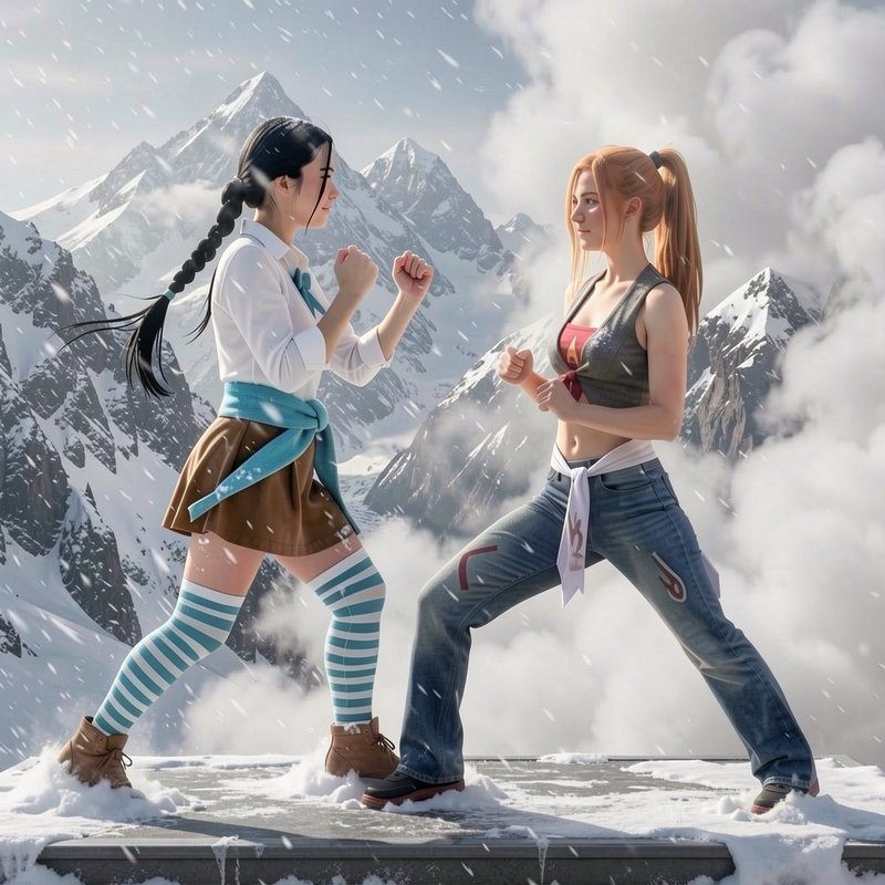Two female fighters face off in fighting stances on a snowy mountain ledge amid falling snow