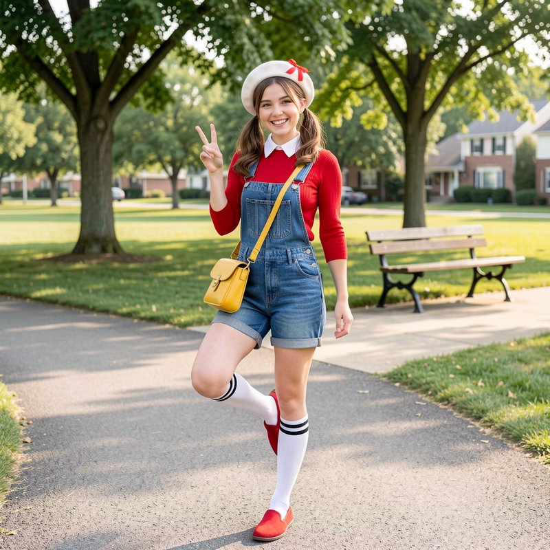 Cheerful young woman in a beret and denim overalls poses with a peace sign on a sunny neighborhoo...