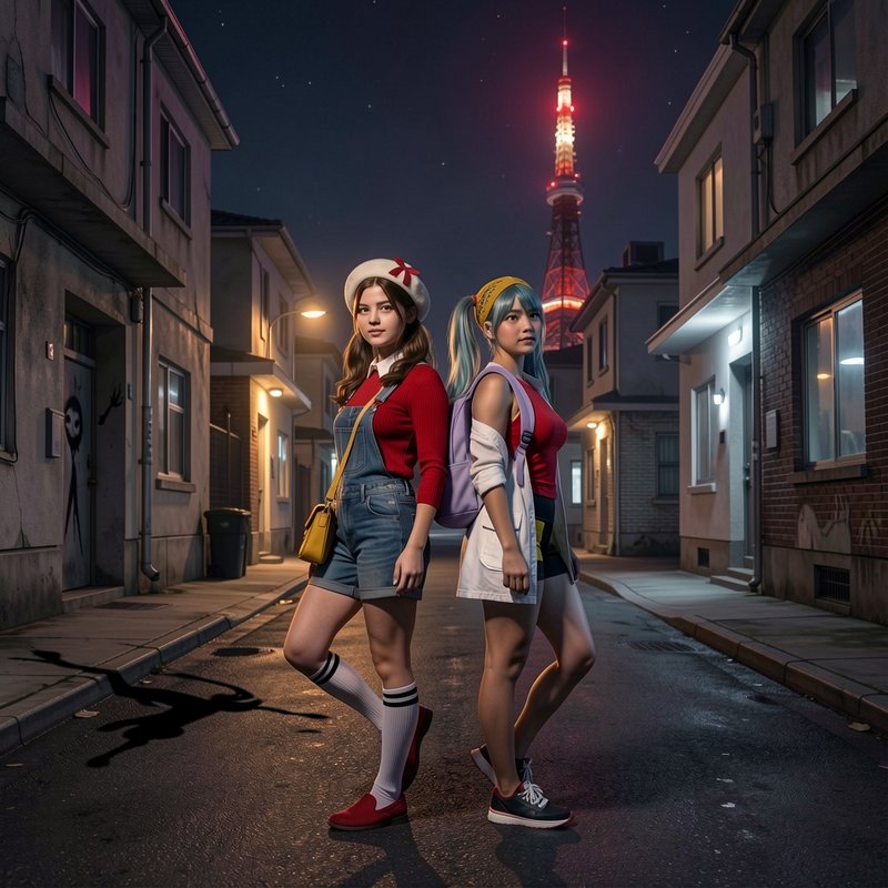 Two young women stand back to back on a quiet Tokyo residential street at night, glowing Tokyo To...