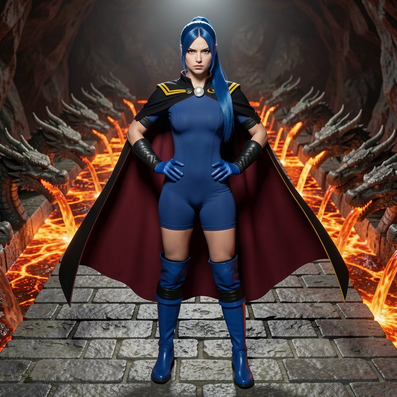 Stern blue-haired fantasy heroine stands hands on hips on a stone bridge lined with lava-spitting...