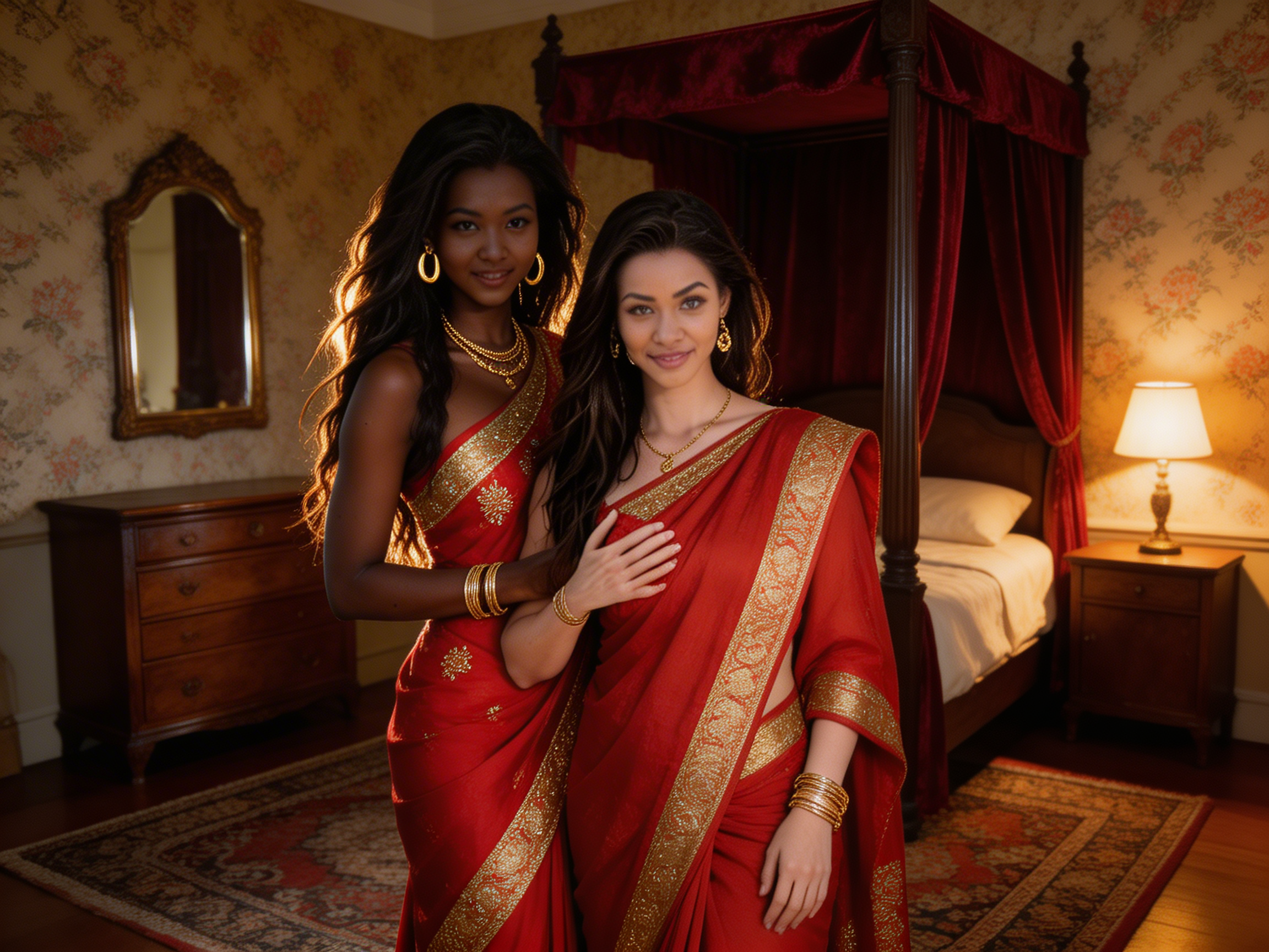 Two women in red and gold sarees pose in a vintage bedroom with a canopy bed.