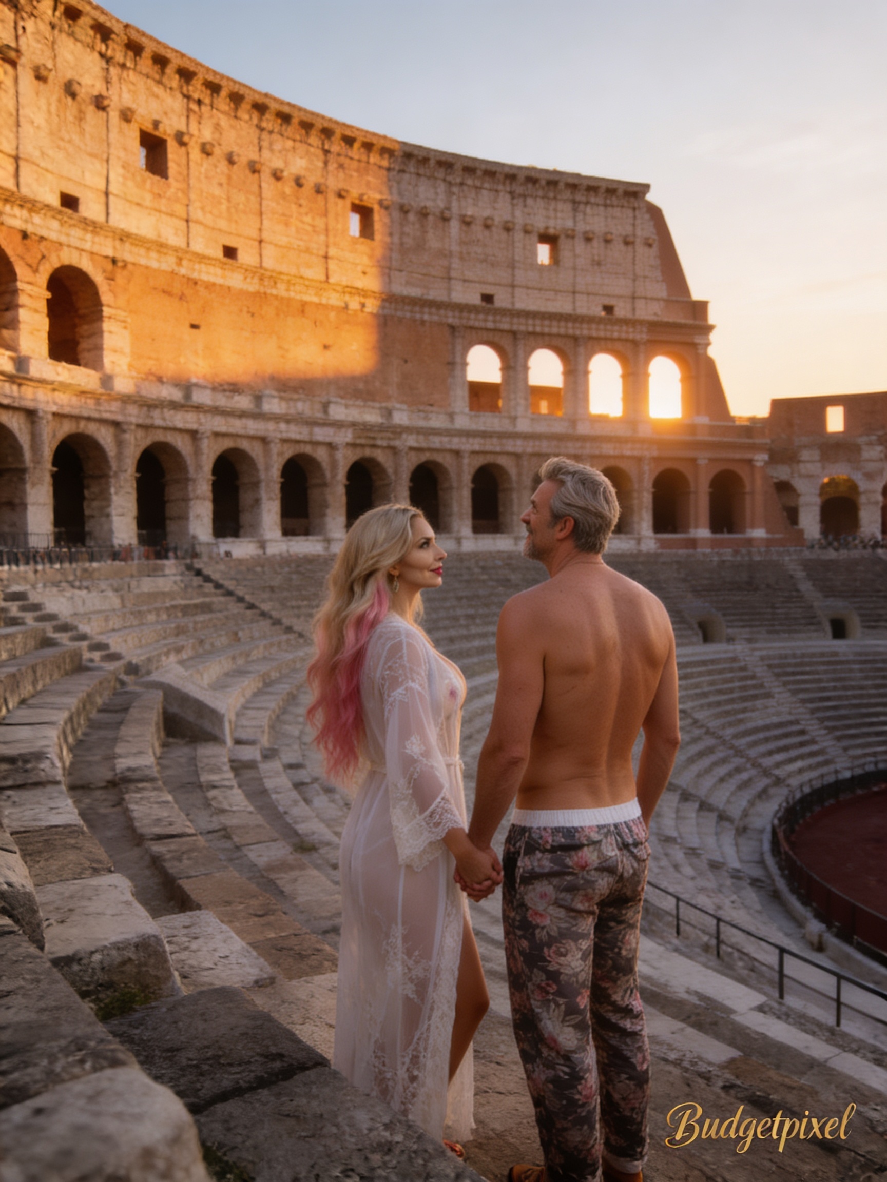 Couple holding hands at sunset in the ancient Colosseum, Rome, with warm golden light.