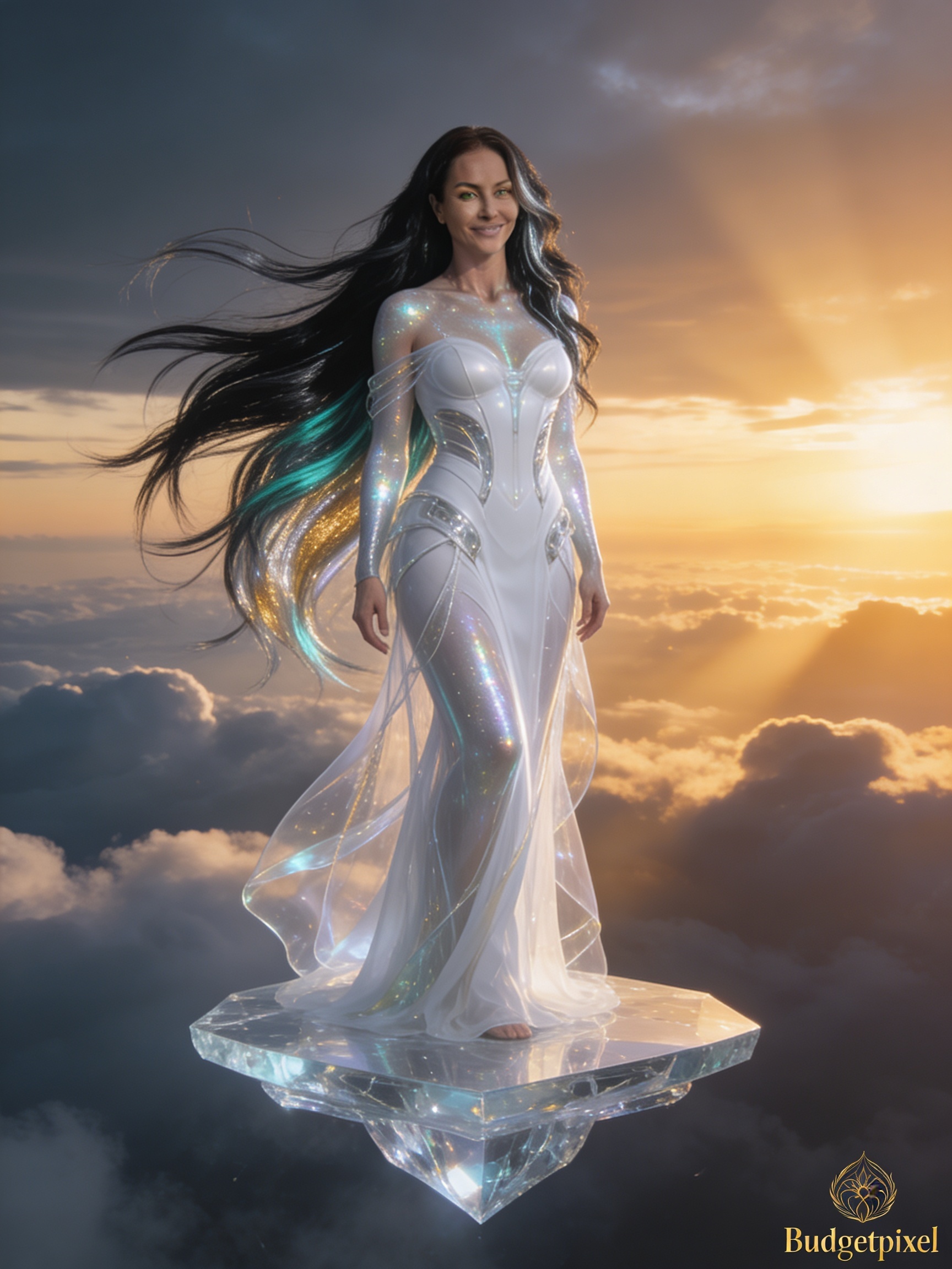 Fantasy woman in a shimmering white gown standing on a crystal platform above clouds at sunset