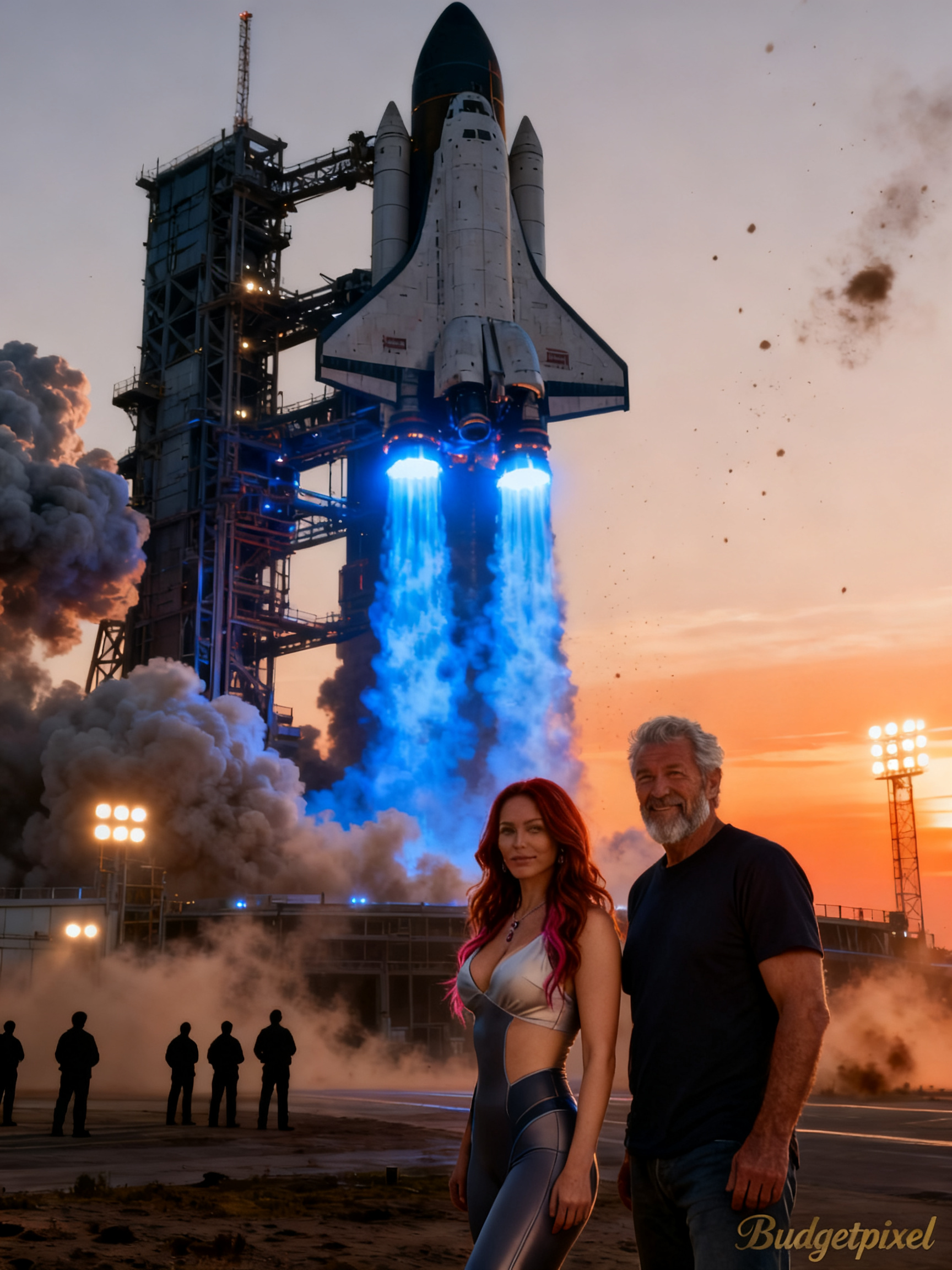 Rocket launch at sunset with a man and a woman posing in the foreground.