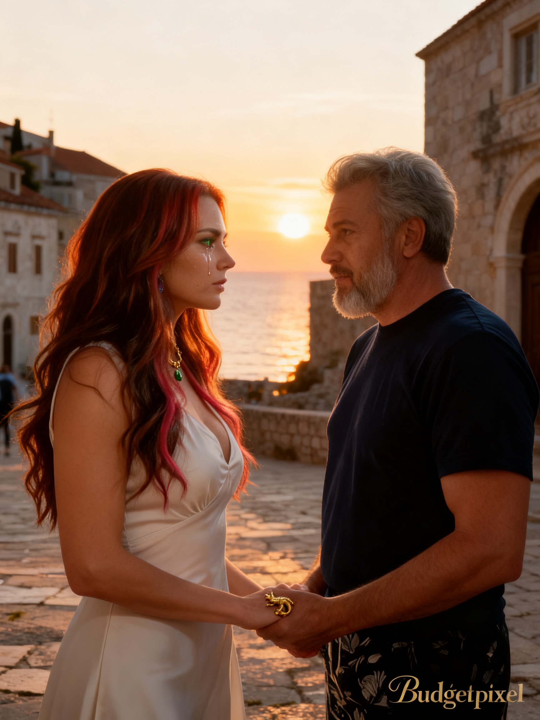 Romantic couple holding hands and gazing at each other during sunset by a stone coastal town.