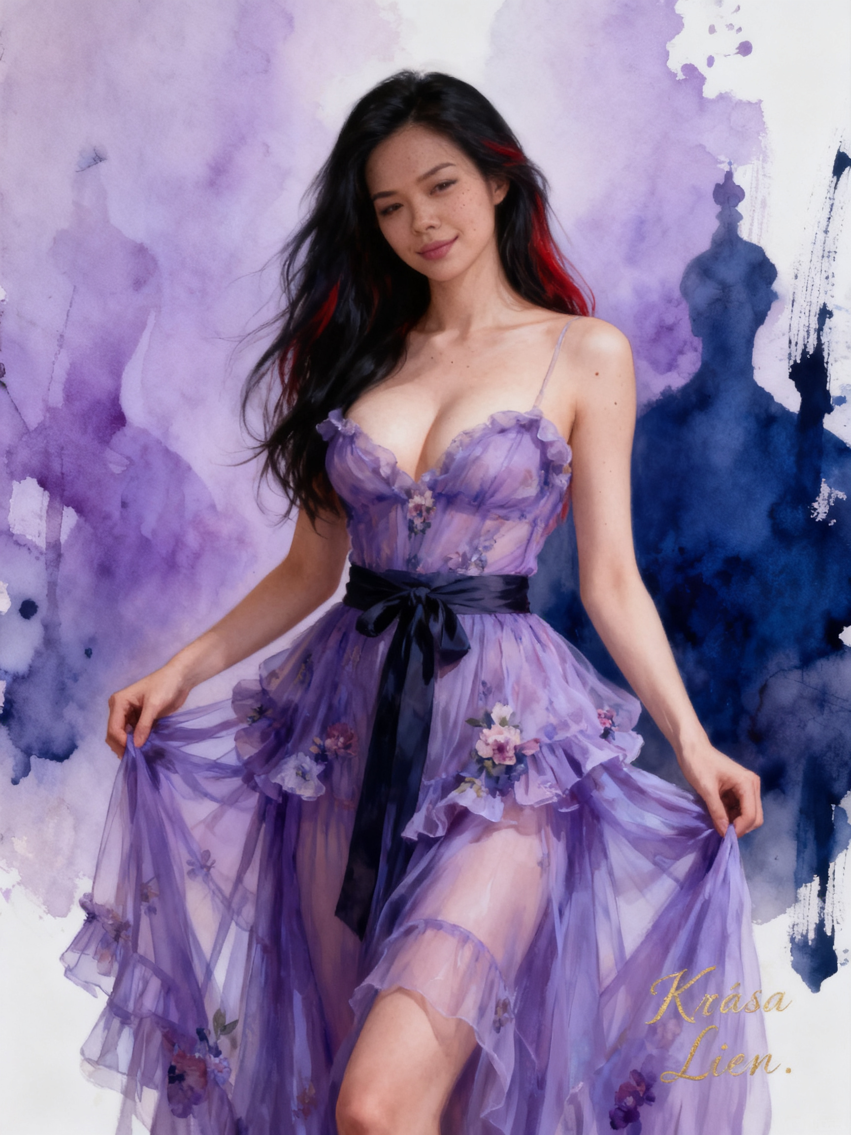 Woman in a lavender sheer dress with a black satin belt, standing against a purple watercolor backdrop.