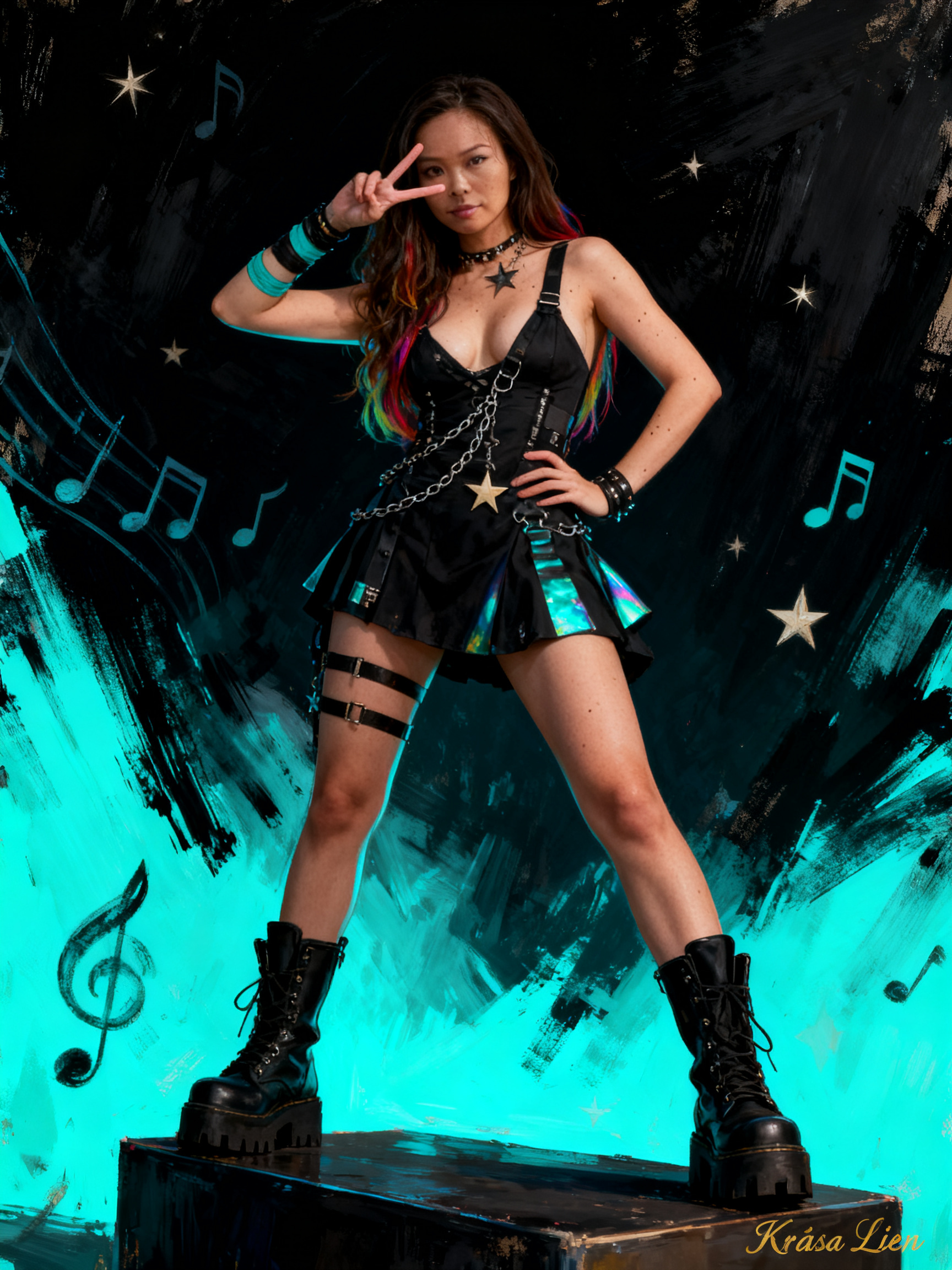 Stylish woman in a black metallic outfit and chunky boots posing on stage with teal background and music notes.