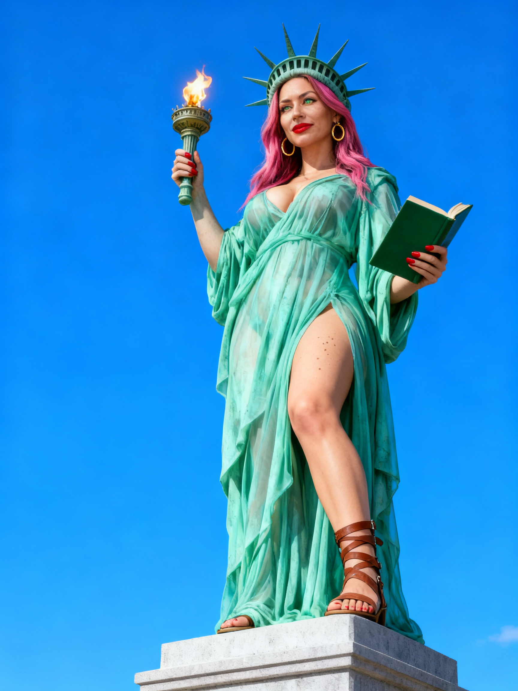 Woman in playful modern Lady Liberty cosplay holding torch and book, standing on a stone pedestal against bright clear blu...