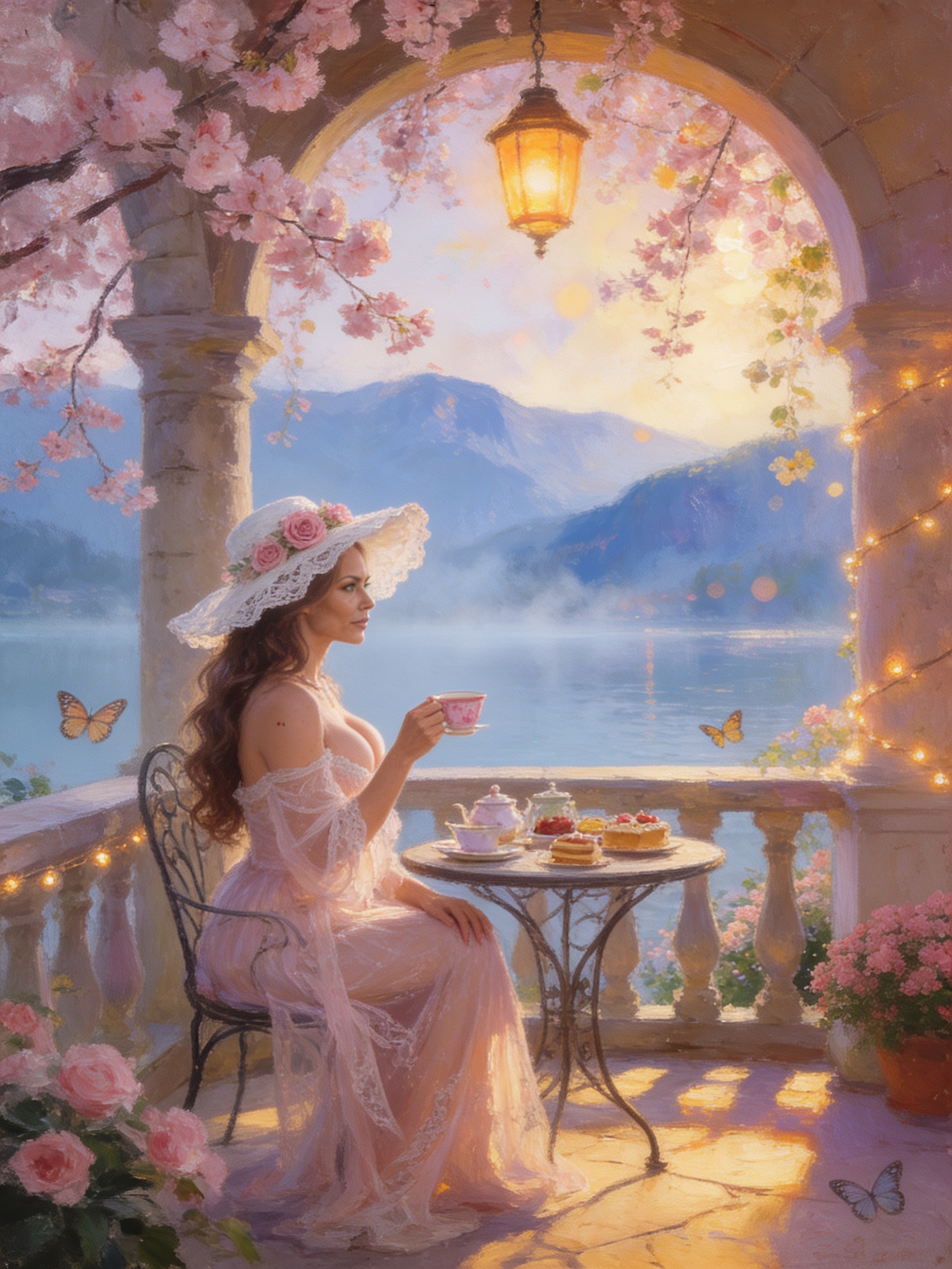 Impressionist painting of elegant woman enjoying tea on a cherry blossom terrace overlooking a misty mountain lake at gold...