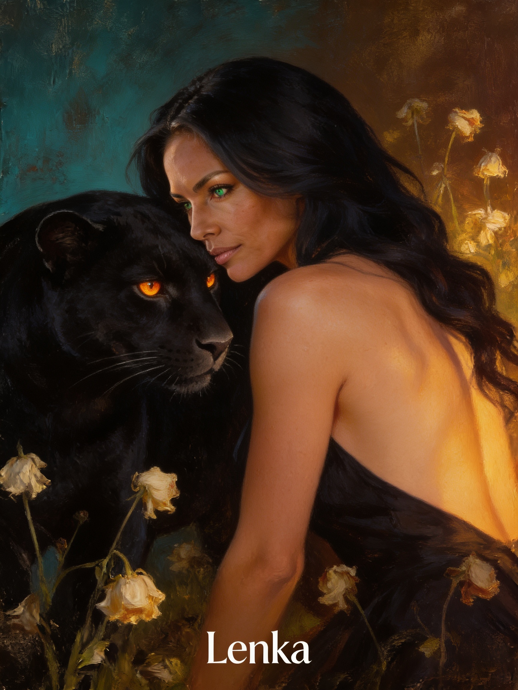 Oil painting of a dark-haired woman with green eyes leaning gently against a black panther with bright orange eyes, surrou...