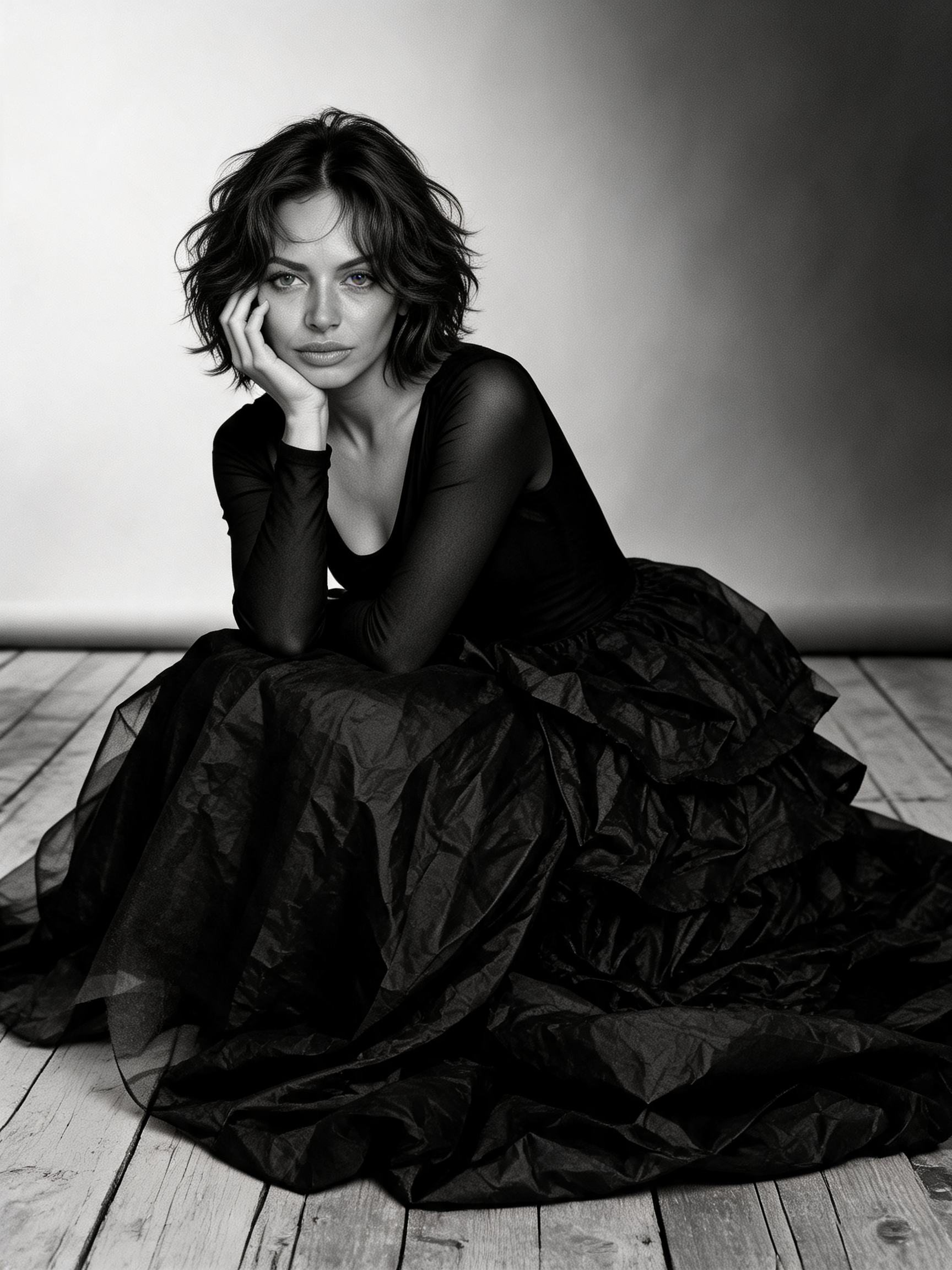 Woman with short wavy hair in a black tulle gown rests her chin on her hand while seated on a studio floor