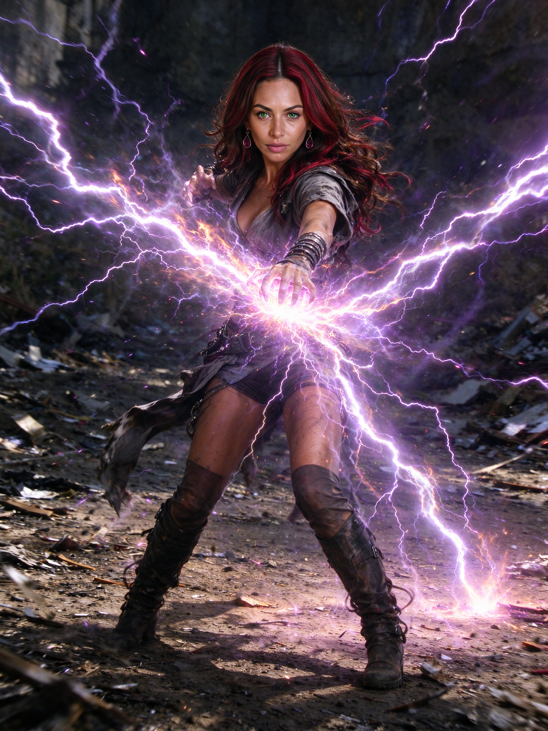 Fierce red-haired sorceress conjures crackling purple lightning from her outstretched hand in a ruined wasteland