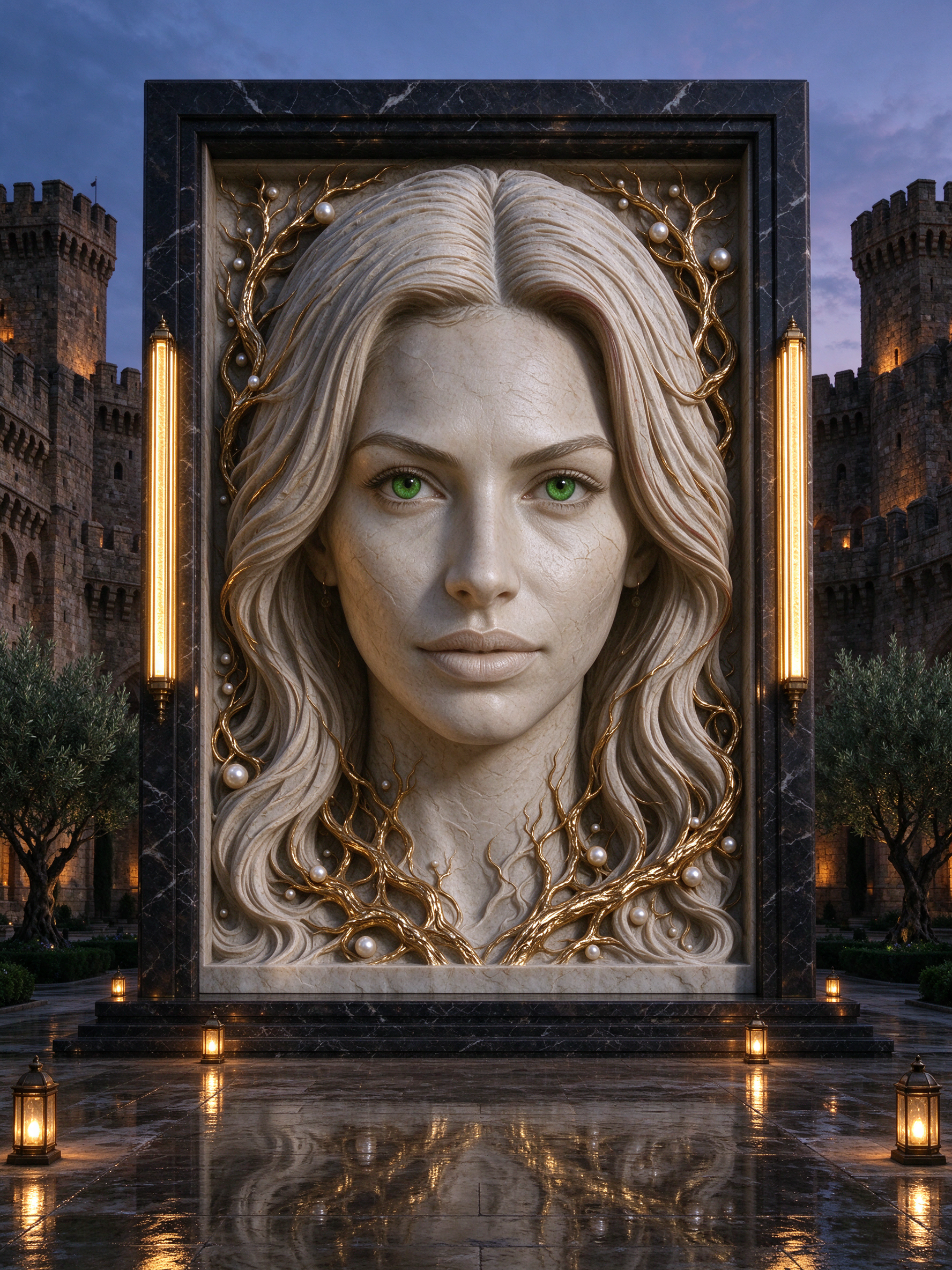 Ornate carved stone portrait relief of a woman with bright green eyes displayed in a castle courtyard at twilight