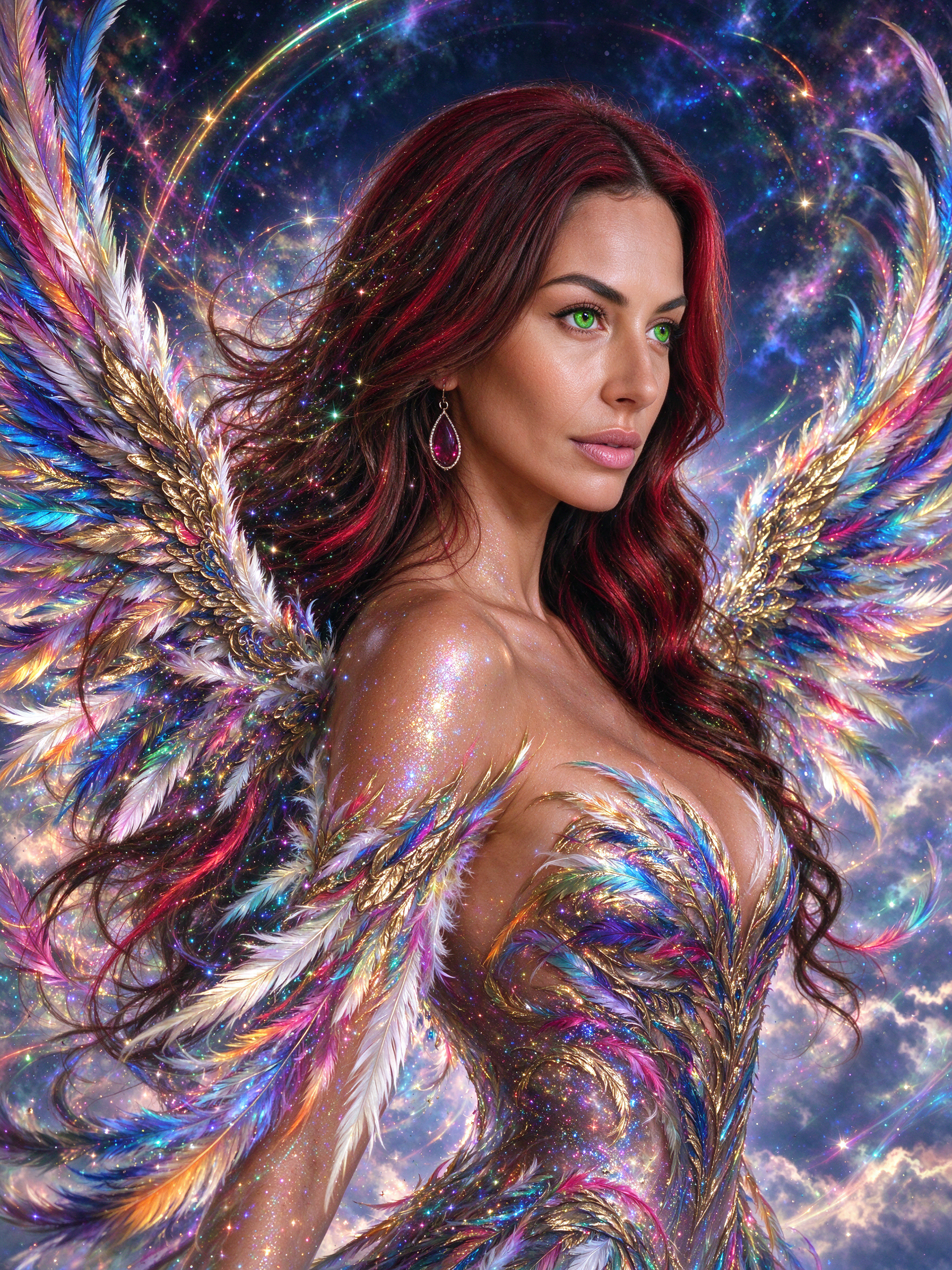 Winged celestial woman with long red hair and iridescent feathered wings stands against a glowing cosmic starry sky