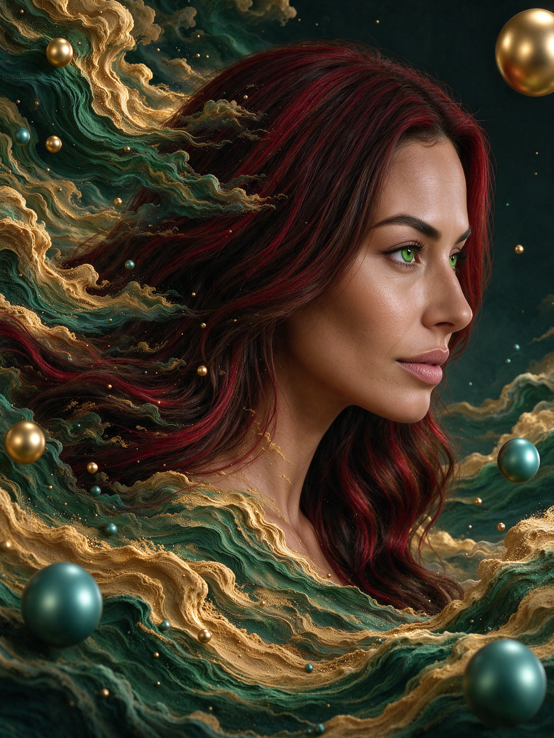 Surreal profile portrait of a red-haired woman merging with swirling emerald gold waves and floating pearl orbs