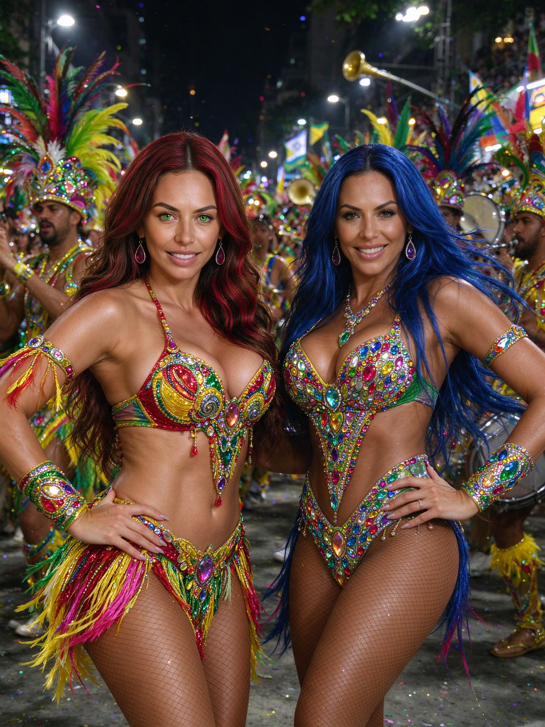 Two glamorous samba carnival dancers in jeweled costumes pose at a nighttime Rio de Janeiro parade