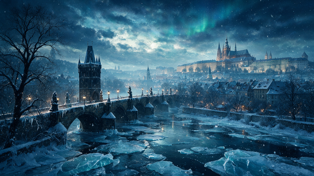 Ethereal winter night view of Charles Bridge and Prague Castle under northern lights over a frozen river