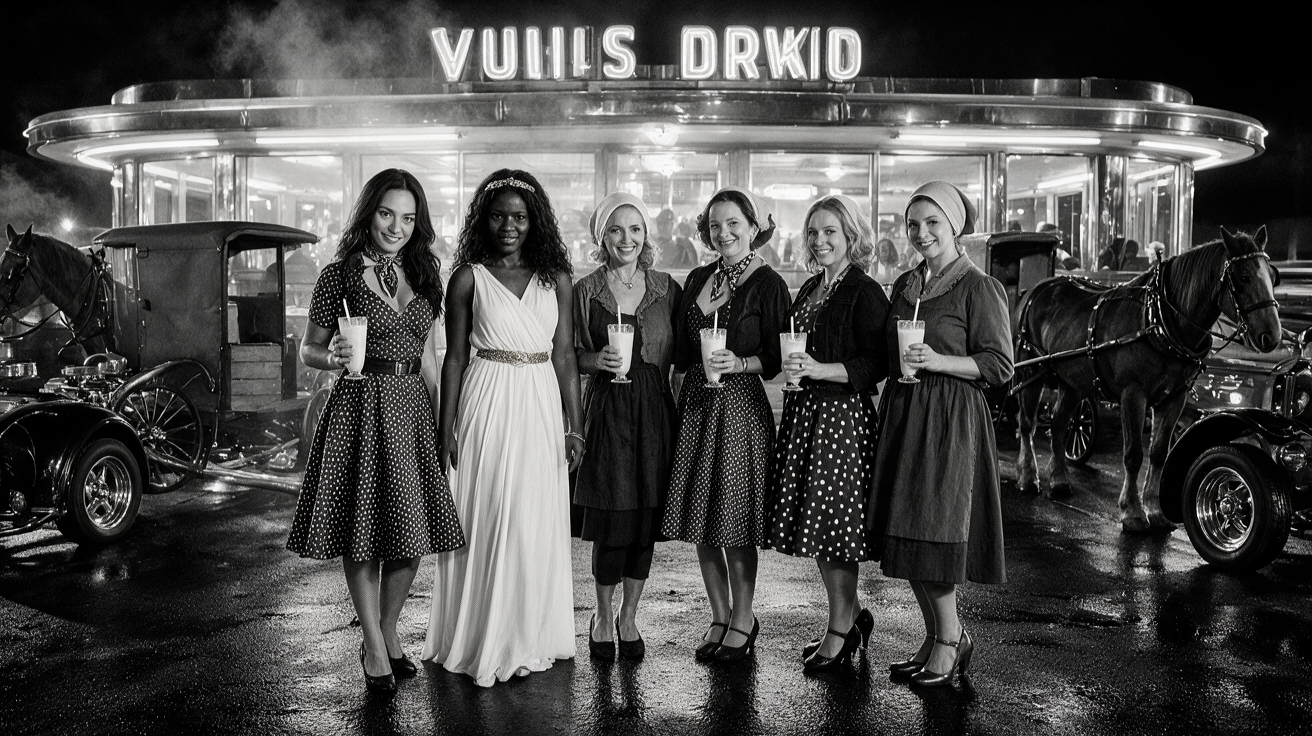 Six smiling women, one in a bridal gown, pose with milkshakes outside a vintage neon diner at night