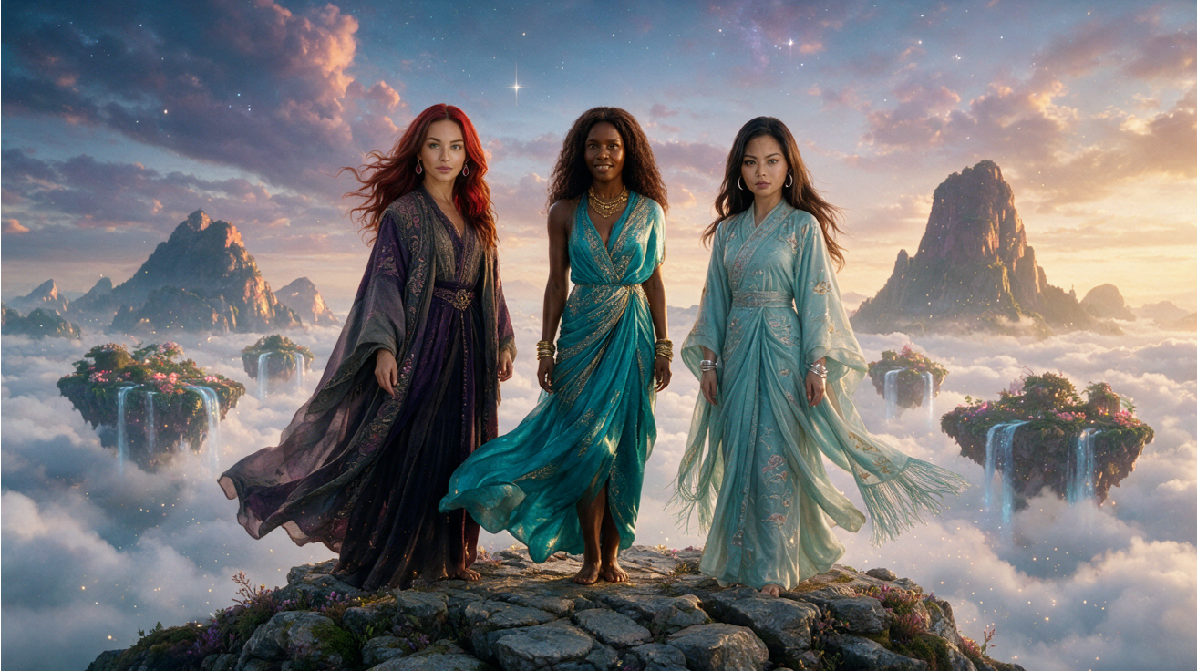 Three diverse magical women stand on a rocky peak above floating cloud islands at glowing sunset