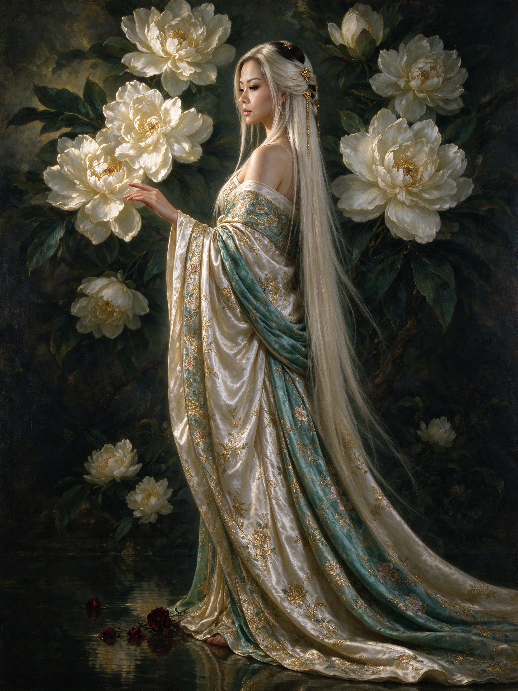 Ethereal long white-haired woman in embroidered silk gown stands among giant white peonies by dark reflective water