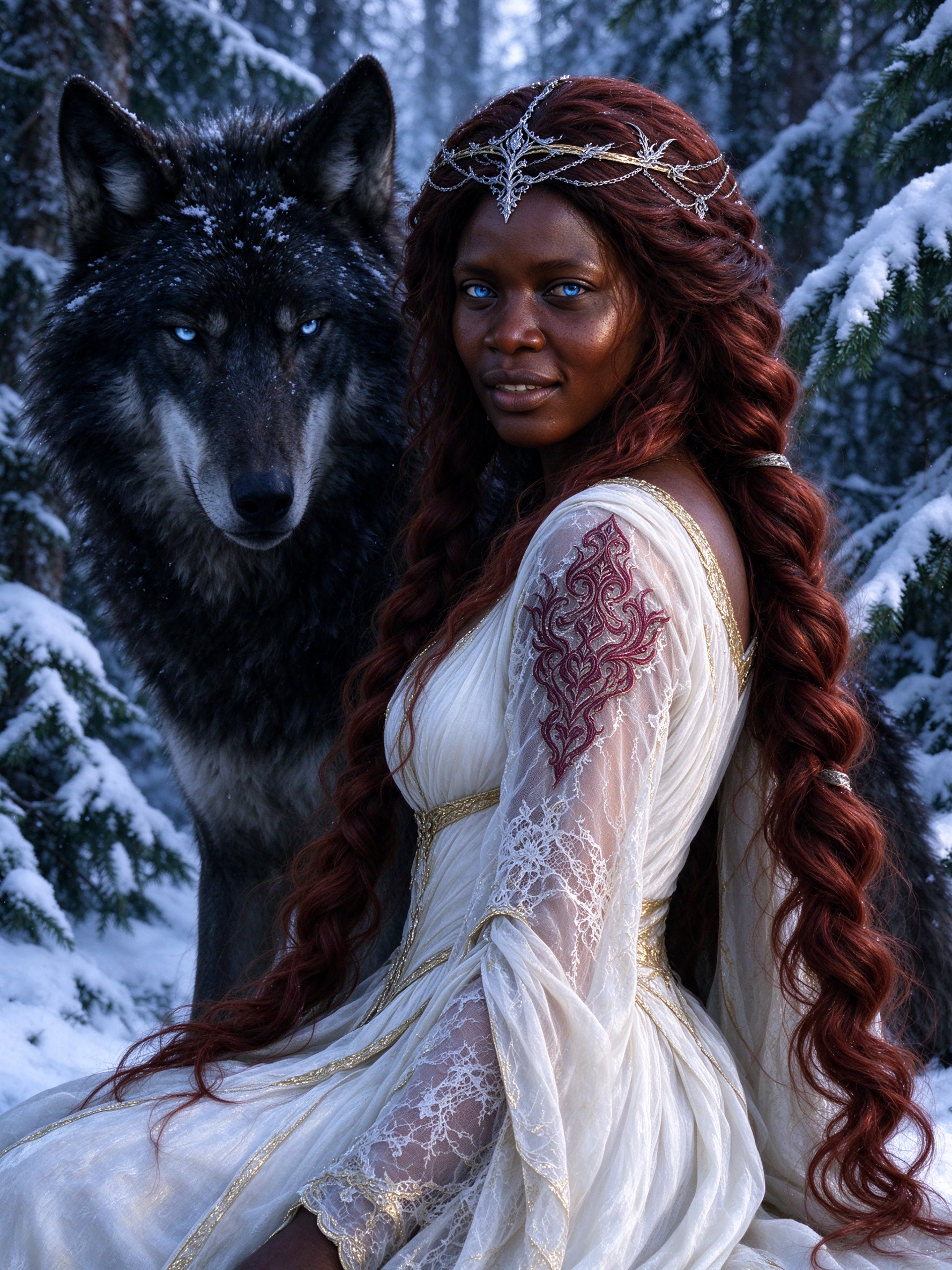 Regal dark-skinned elven woman sits beside a large bright-eyed black wolf in a snowy winter pine forest
