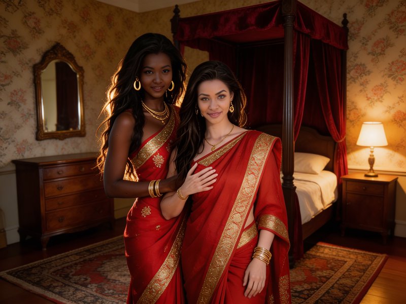 Two women in red and gold sarees pose in a vintage bedroom with a canopy bed.