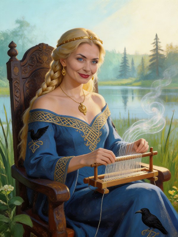 A regal blonde woman in an ornate blue gown with g | standartis on ...