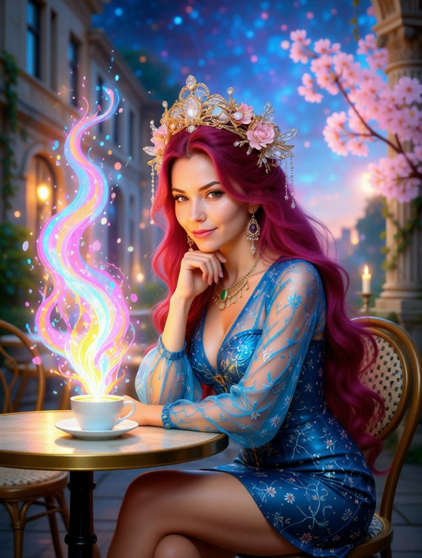 Fantasy princess with pink hair and a crown at an outdoor cafe, colorful magical steam rising from a cup.
