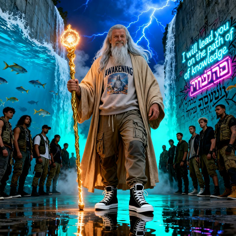 Elder wizard with glowing staff leads a group in a neon-lit, stormy canyon scene.