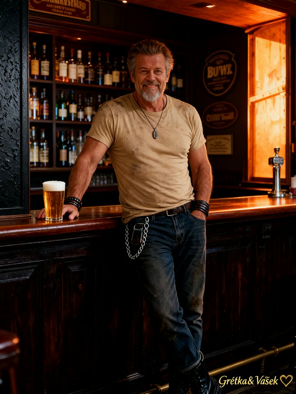 Rugged bartender leaning on a wooden bar with a pint of beer in a warmly lit pub.