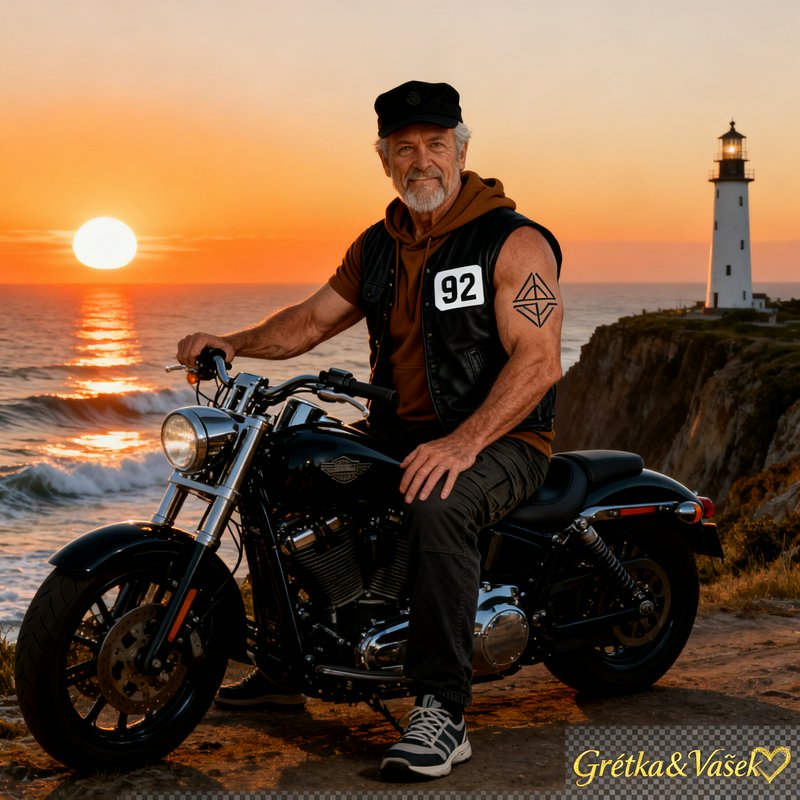 Older man in biker gear sits on a black motorcycle by sunset with a lighthouse in the background