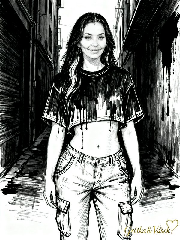 Black-and-white illustration of a woman in a cropped top and cargo jeans standing in an alley.