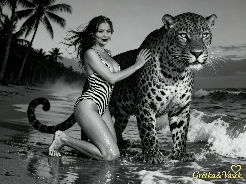 Woman in a striped swimsuit kneels on a tropical beach beside a leopard, waves CRashing behind, black-and-white scene.