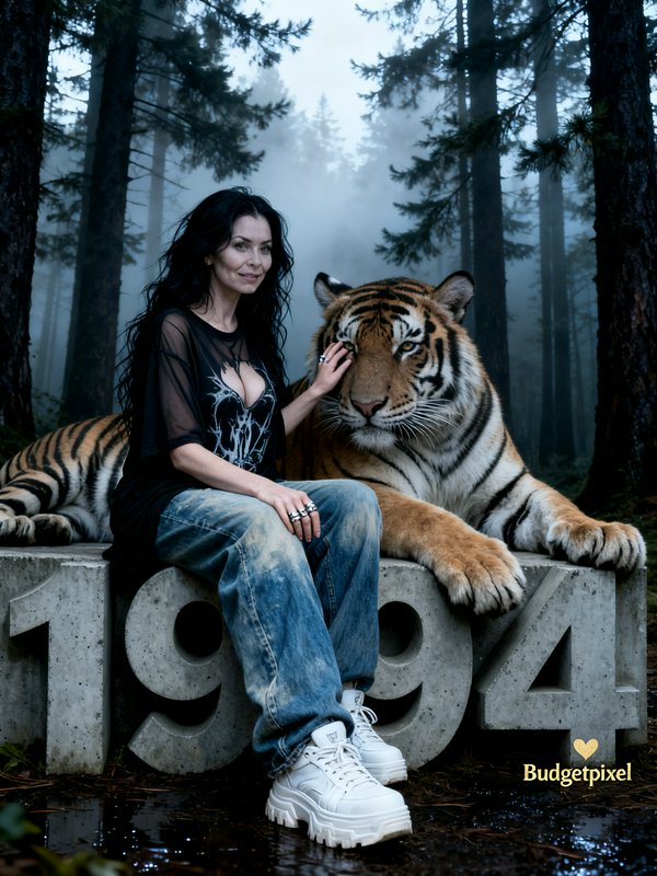 Woman posing with a Bengal tiger in a misty forest beside large "1994" numbers.