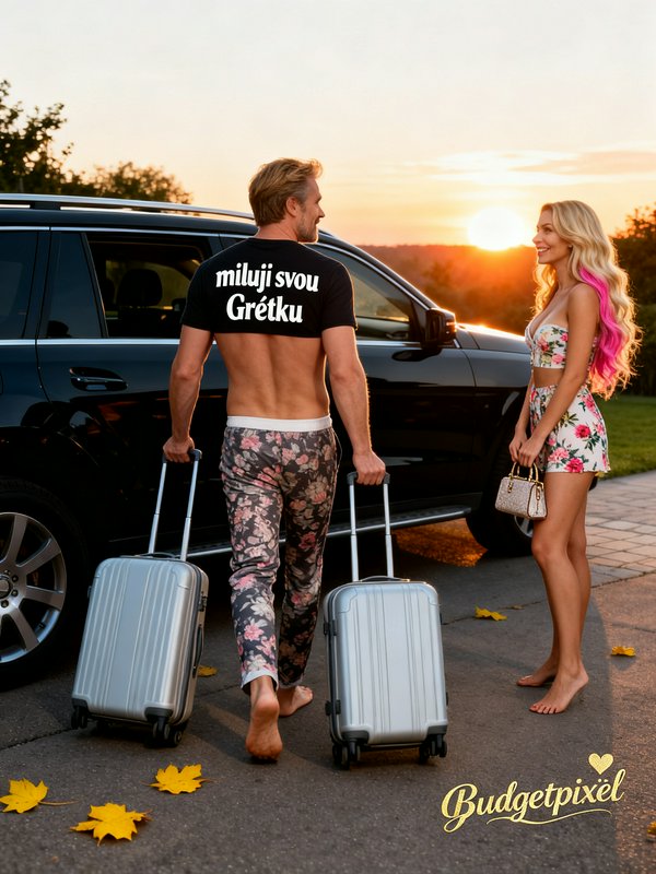 Couple with rolling suitcases beside a black SUV at sunset.
