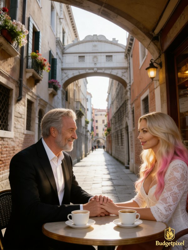 Older man in a suit and a woman with pink-tinted hair sit at an outdoor cafe in a sunlit European alley.