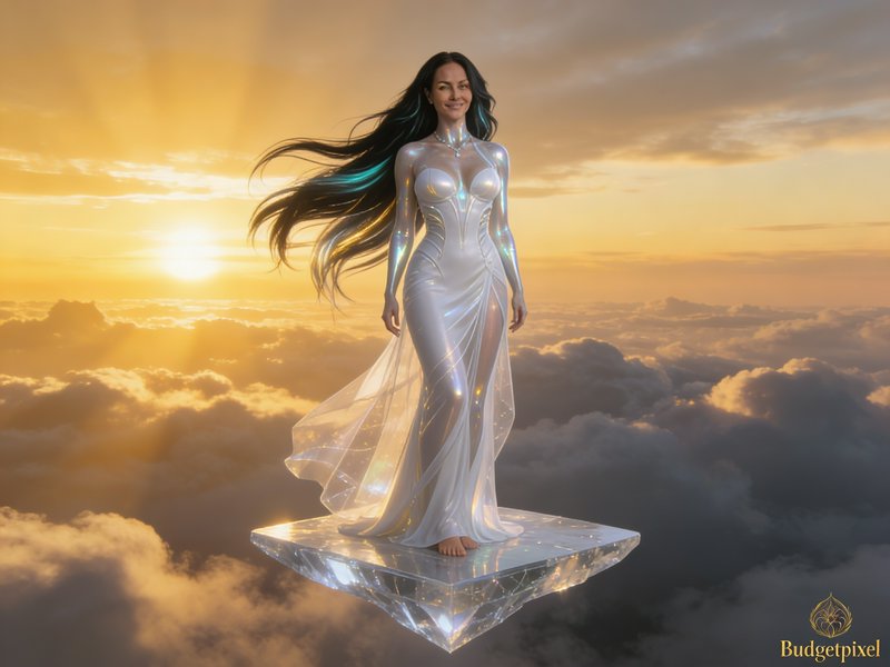 Elegant futuristic woman in a silver gown on a crystal platform floating above clouds at sunset.
