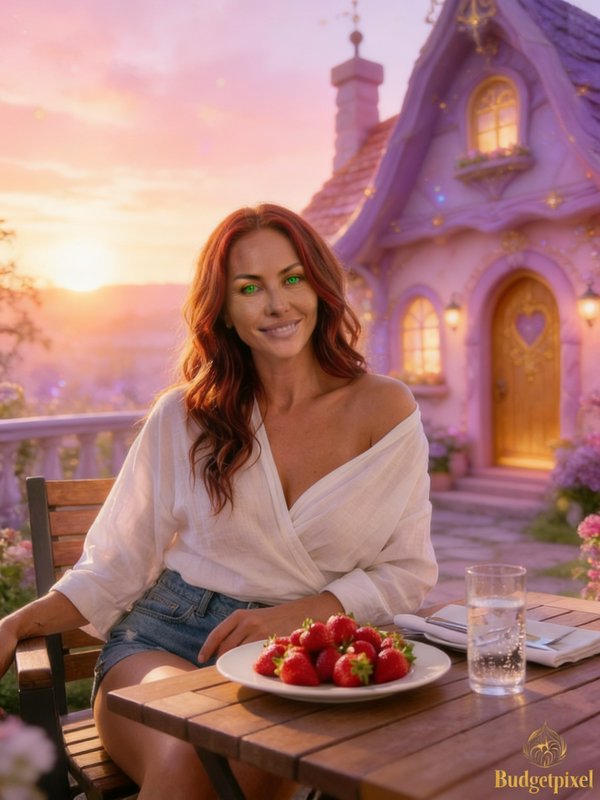 Woman with red hair in a white blouse seated at a table with strawberries at sunset before a pastel fairy-tale house.
