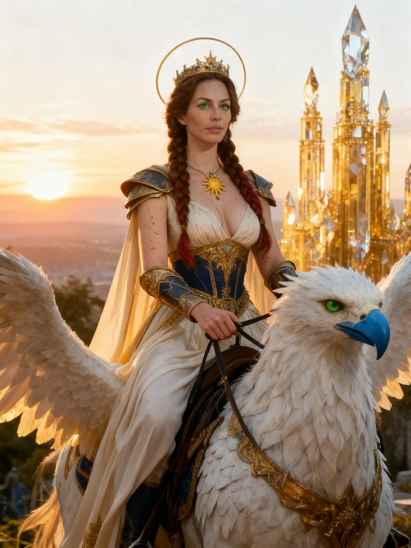 Woman in regal fantasy armor riding a white griffin at sunset with a crystal castle in the background